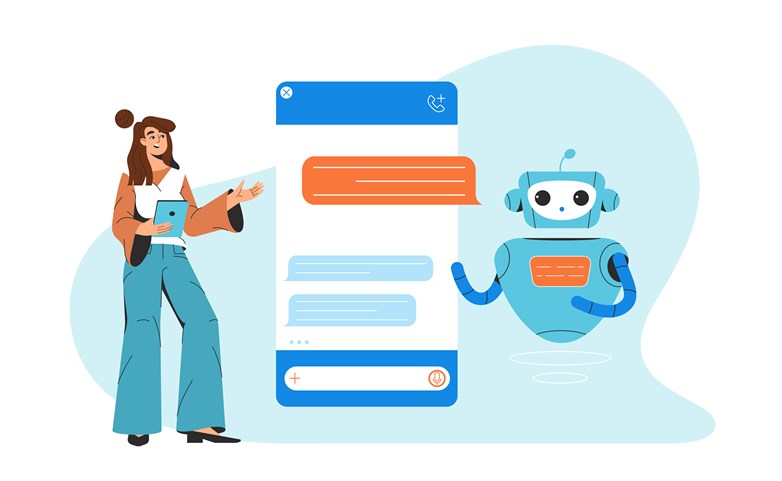 Ilustração de uma mulher a interagir com Chab chatbot através de uma interface de uma conversação móvel.