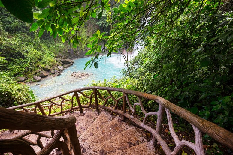 Corrimão de madeira com vista para o Rio Celeste que serpenteia no meio da floresta tropical do Parque Nacional do Vulcão Tenório, na Costa Rica