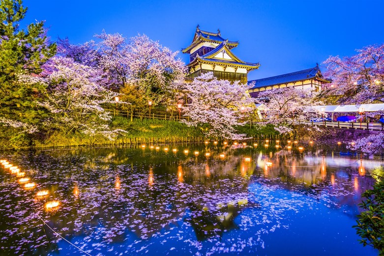 Jardim Korakuen em Okayama, no Japão, com um castelo tradicional iluminado à noite, rodeado de cerejeiras em flor refletidas num lago com lanternas flutuantes